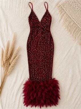 Fashion Nova Burgundy Sequin Feather-Hem Formal Dress